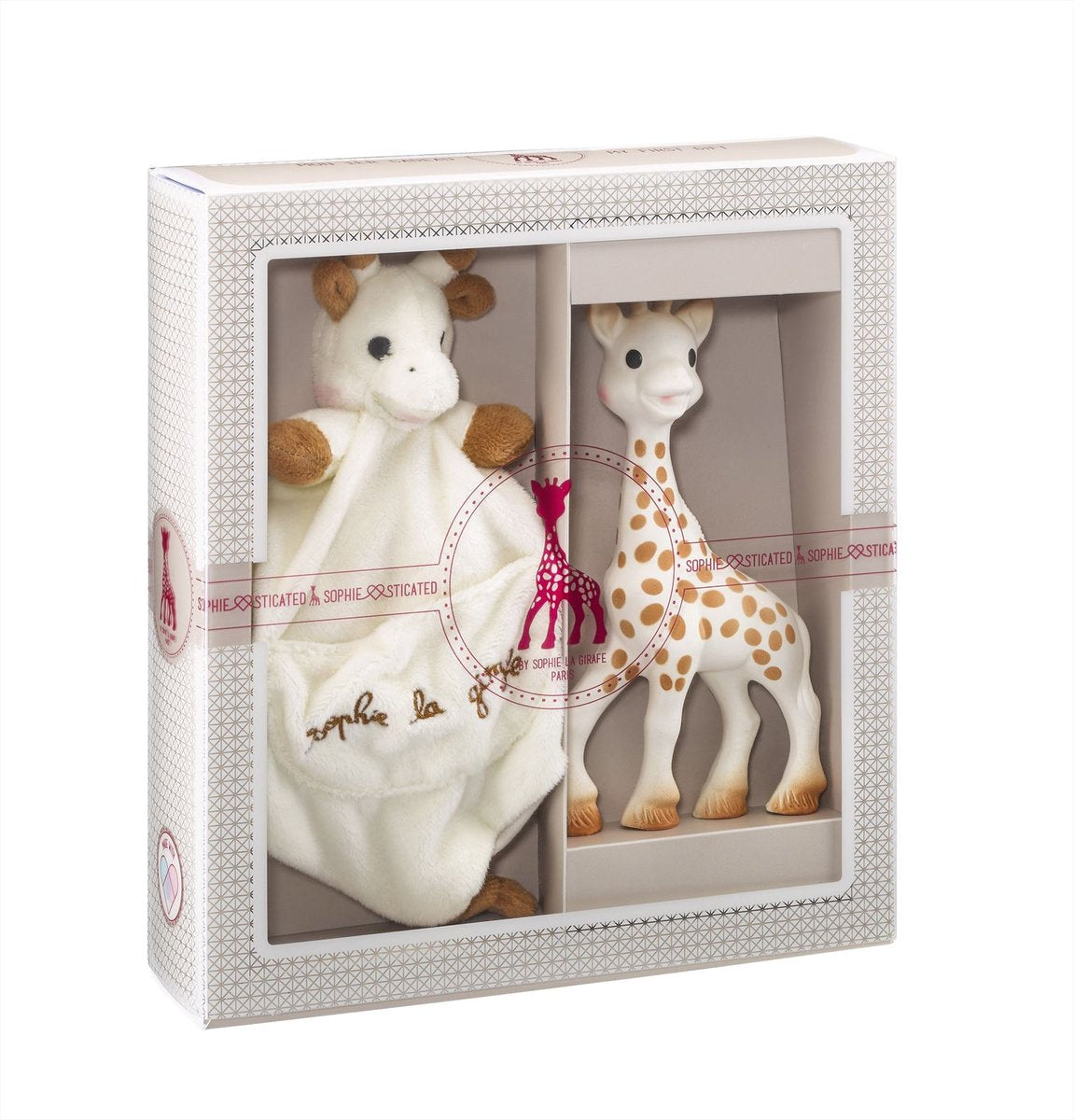 Coffret cadeau sophistiqué Sophie la girafe - jouets pour bébé - doudou avec attache-sucette - cadeau de maternité - cadeau baby shower - 4 pièces