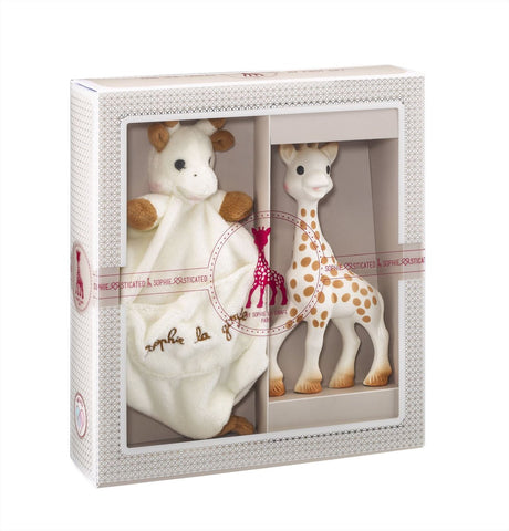 Coffret cadeau sophistiqué Sophie la girafe - jouets pour bébé - doudou avec attache-sucette - cadeau de maternité - cadeau baby shower - 4 pièces