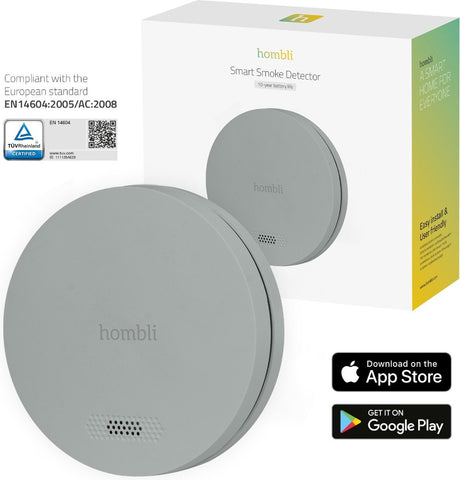 Détecteur de fumée intelligent Hombli avec aimant - détecteur d'incendie - batterie 10 ans - 85 dB - notifications mobiles par application - installation facile - 1 pièce - gris