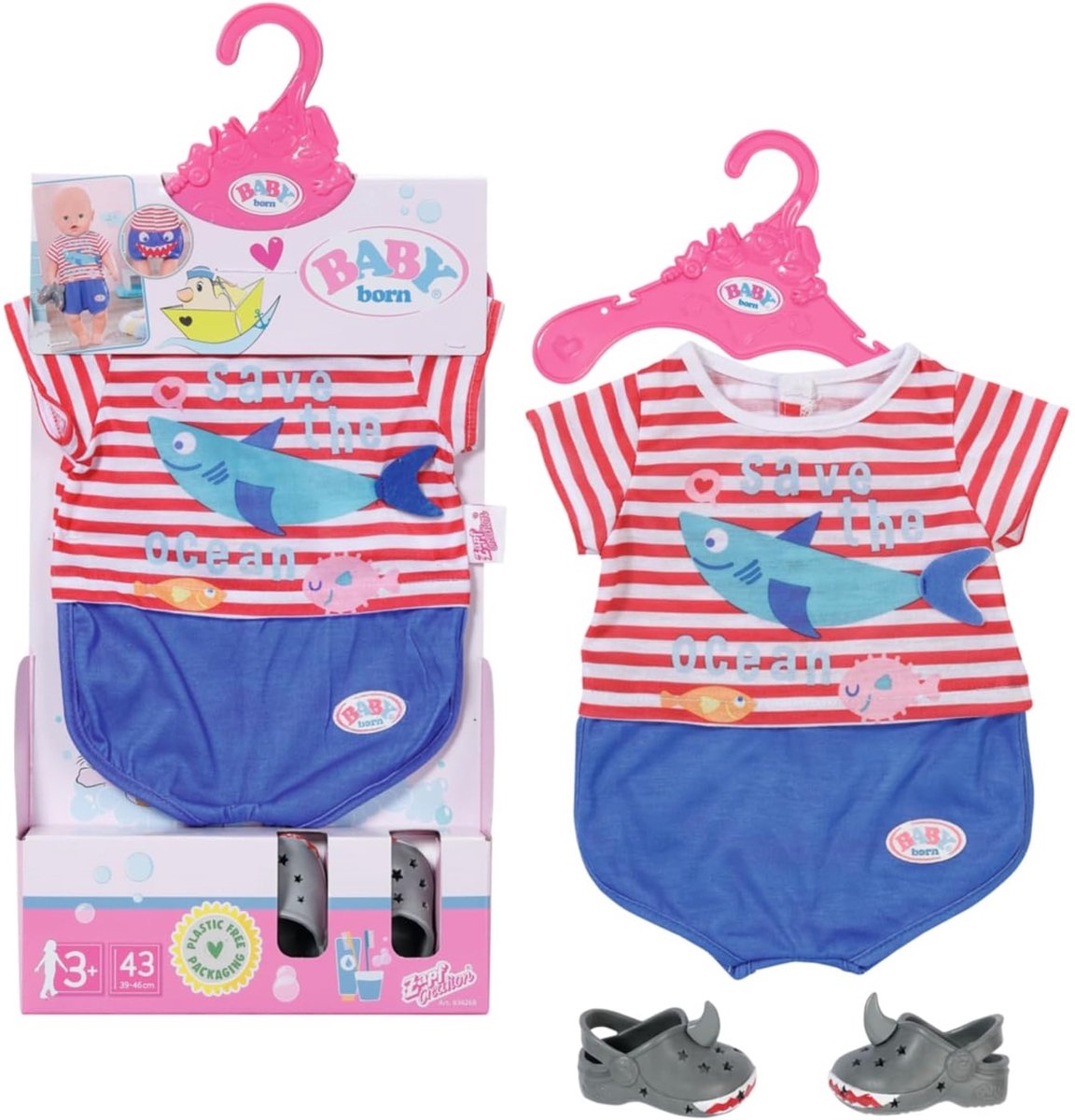 Pyjama de bain bébé né avec chaussures - accessoires pour poupées jusqu'à 43 cm - thème requin
