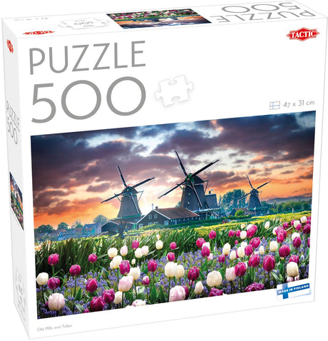 Tactic Vieux moulins et tulipes – Puzzle – 500 pièces – Moulins à vent hollandais et champs de tulipes – Paysage typiquement hollandais – Haute qualité scandinave