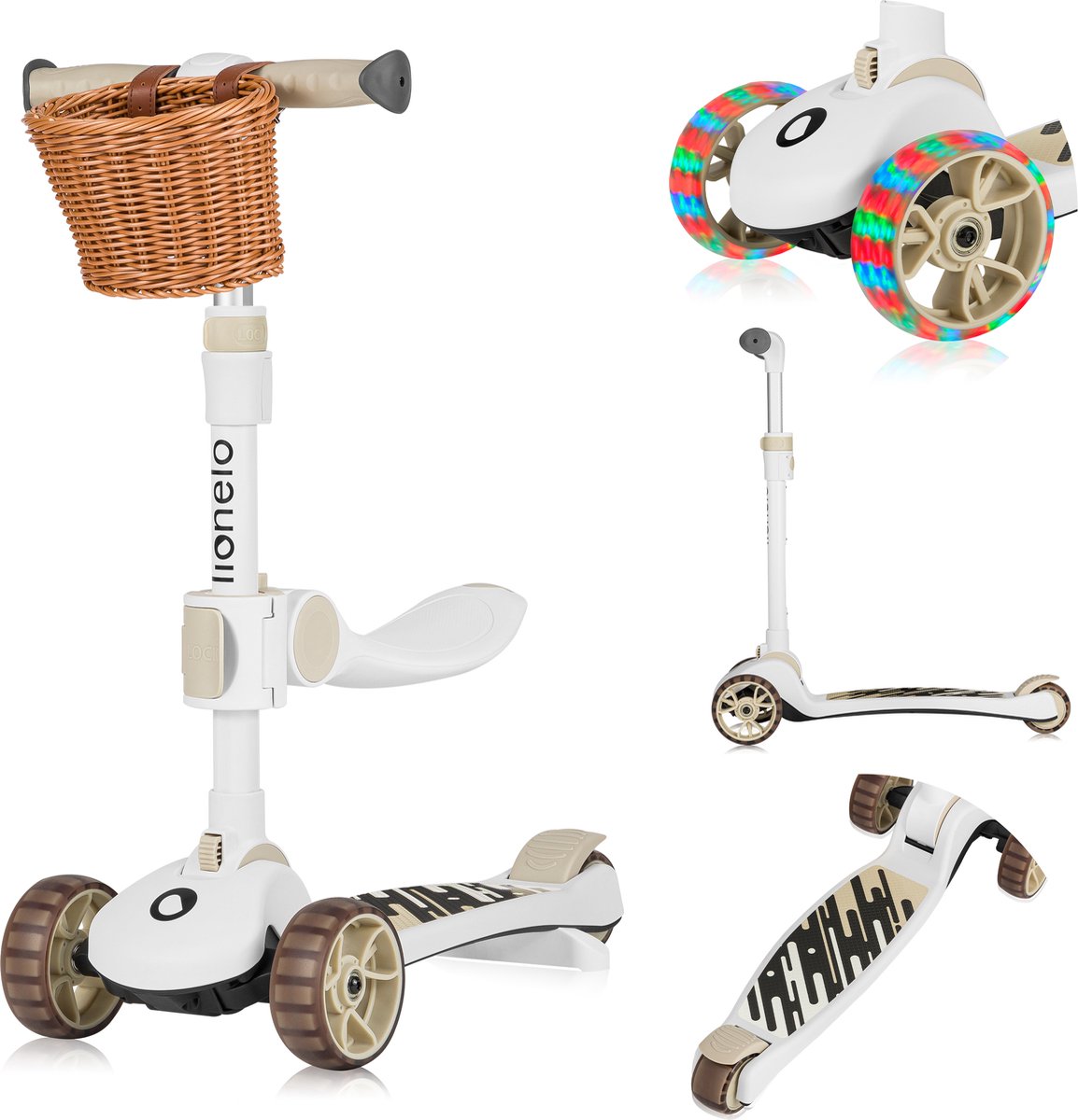 Lionelo Franky - trottinette enfant 2en1 - LED - 3 roues - jusqu'à 50kg - vélo et trottinette 2en1 - grandes roues éclairées - panier à jouets