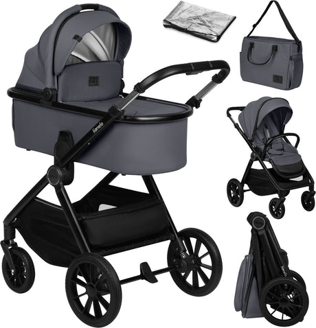 Poussette Lionelo layla 2en1 - ensemble xxl - polyvalente et toute l'année - grandes roues - utilisation d'une seule main - pour tous types de terrains - ensemble d'accessoires