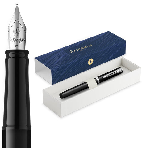 Stylo plume à impression Waterman | plume moyenne pour stylo plume avec recharge d'encre bleue | peinture noire finition palladiée | coffret cadeau