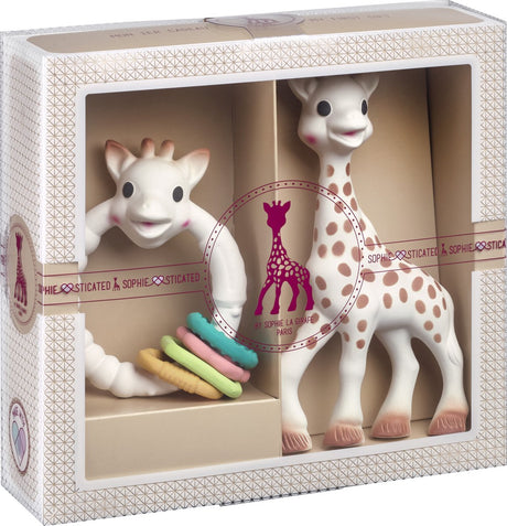 Coffret cadeau sophistiqué Sophie la girafe - jouets pour bébé - couleurs si pures - cadeau maternité - cadeau baby shower - 4 pièces