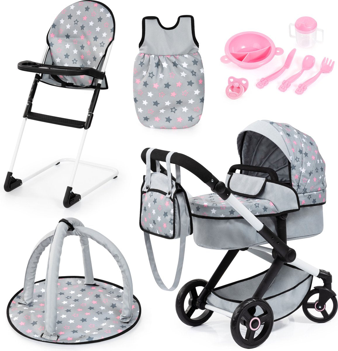 Bayer design xeo ensemble de landau pour poupée, avec sac, chaise haute, sac de couchage, arche de jeu, accessoires pour poupée, en gris