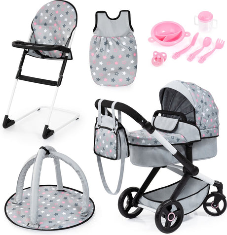 Bayer design xeo ensemble de landau pour poupée, avec sac, chaise haute, sac de couchage, arche de jeu, accessoires pour poupée, en gris