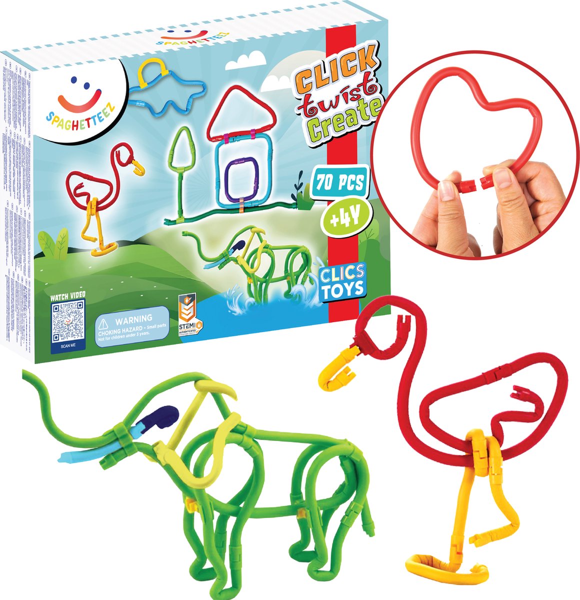 Spaghetteez ensemble 70 pièces - tiges de construction flexibles - jouets 4,5,6,7,8 ans garçons et filles - artisanat filles garçons - jouets de construction - jouets montessori - jouets éducatifs