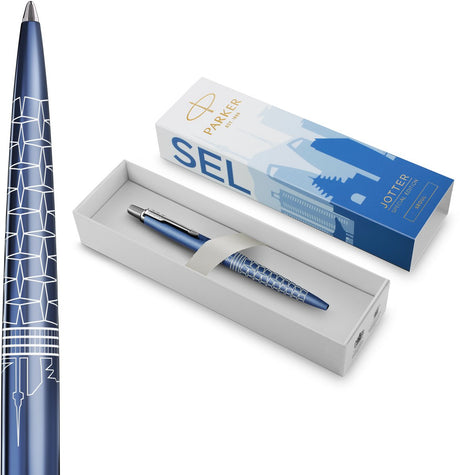 Stylo à bille Parker Jotter | édition spéciale | bleu séoul ​​avec détails chromés | plume moyenne | encre bleue | emballage cadeau