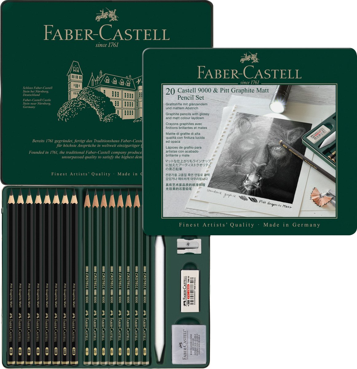 Crayons graphite Faber-Castell - pitt mat et série 9000 en étain - accessoires inclus - fc-115224