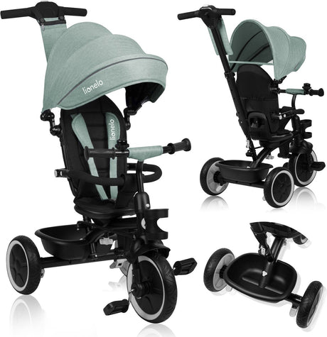 Tricycle Lionelo Berry 2en1 - jusqu'à 25 kg - siège rotatif à 360° - vélo poussette en un - roues en PU - roue libre - barre de poussée réglable - pare-soleil et pare-pluie - grandit avec l'enfant - peut être assemblé sans outils