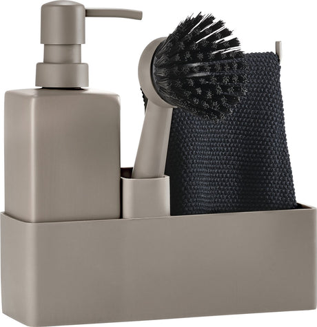 Zone Denmark set de vaisselle 19 x 6 x 20,5 cm avec torchon, distributeur de savon en céramique et brosse à vaisselle - 4 pièces taupe - set de vaisselle
