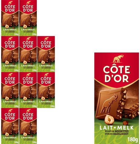 Côte d'or tablette de chocolat lait noisettes morceaux 10 x 180g - tablettes de chocolat - cadeau anniversaire femme ou homme - stock