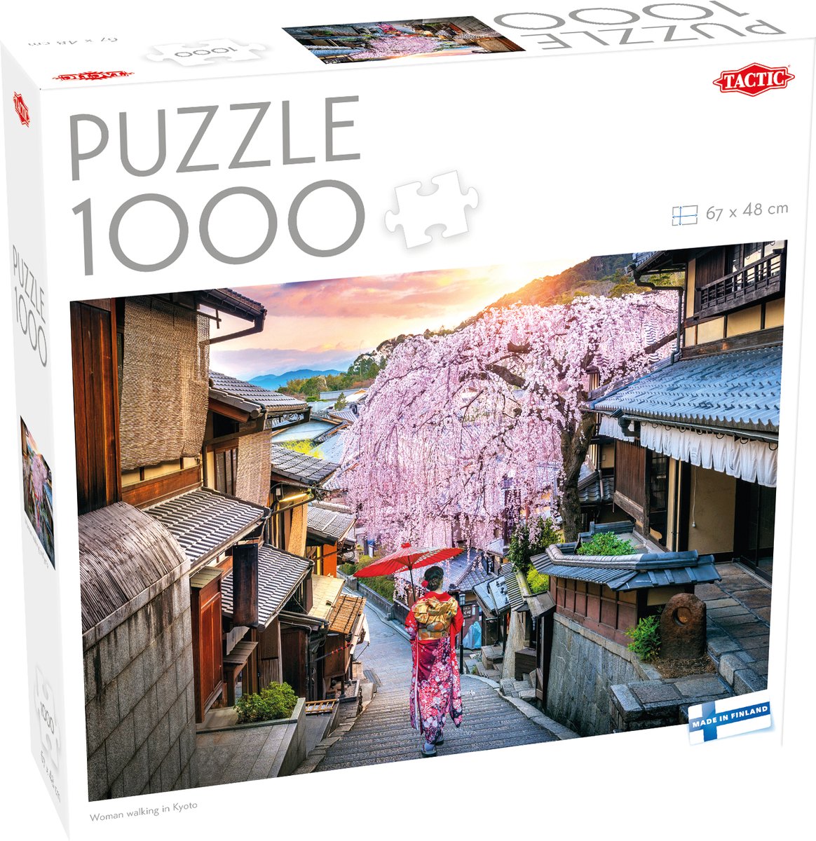 Femme tactique marchant à Kyoto – puzzle – 1000 pièces – rue japonaise traditionnelle – fleur de sakura atmosphérique – haute qualité scandinave