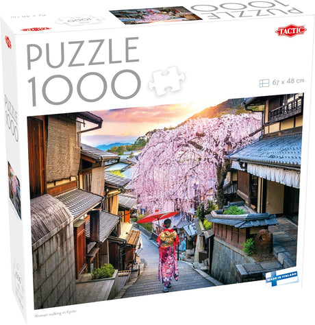 Femme tactique marchant à Kyoto – puzzle – 1000 pièces – rue japonaise traditionnelle – fleur de sakura atmosphérique – haute qualité scandinave