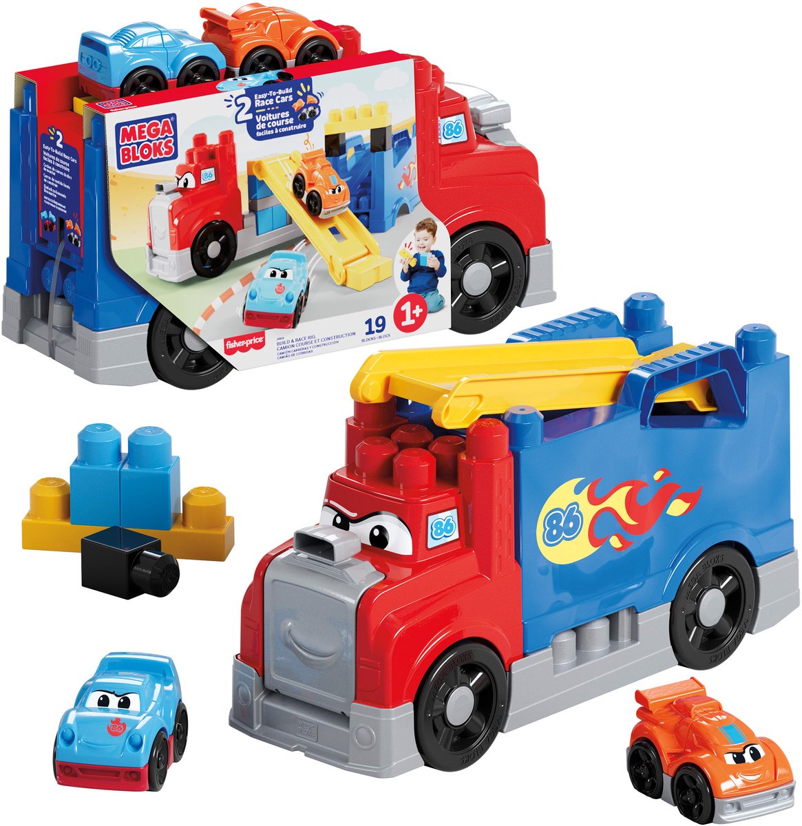 Mega bloks mattel bouwblokken raceauto build rig race speelgoed.