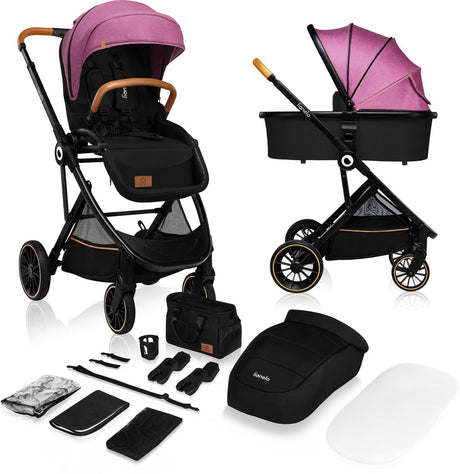 Lionelo Riya - poussette 2 en 1 - berceau + poussette - 0-15kg - pliable - pare-soleil XXL - dossier réglable - grandes roues PU - set d'accessoires - barre de poussée réglable - pour montage arrière