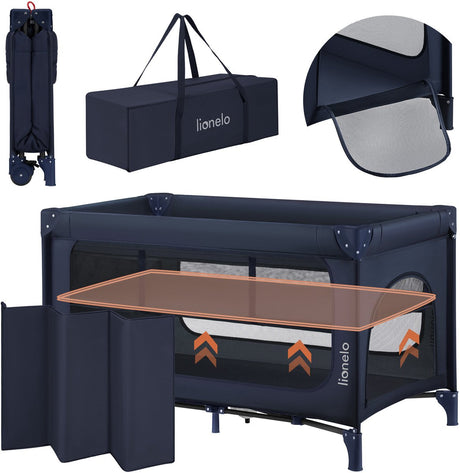 Lit de camping Lionelo Jasmin facile à plier - pliable en quelques secondes - matelas 2 hauteurs T25 - sac de voyage inclus - porte latérale avec fermeture éclair - parois en maille - 2 roues avec frein - structure en acier - 0-36 mois - lit parapluie