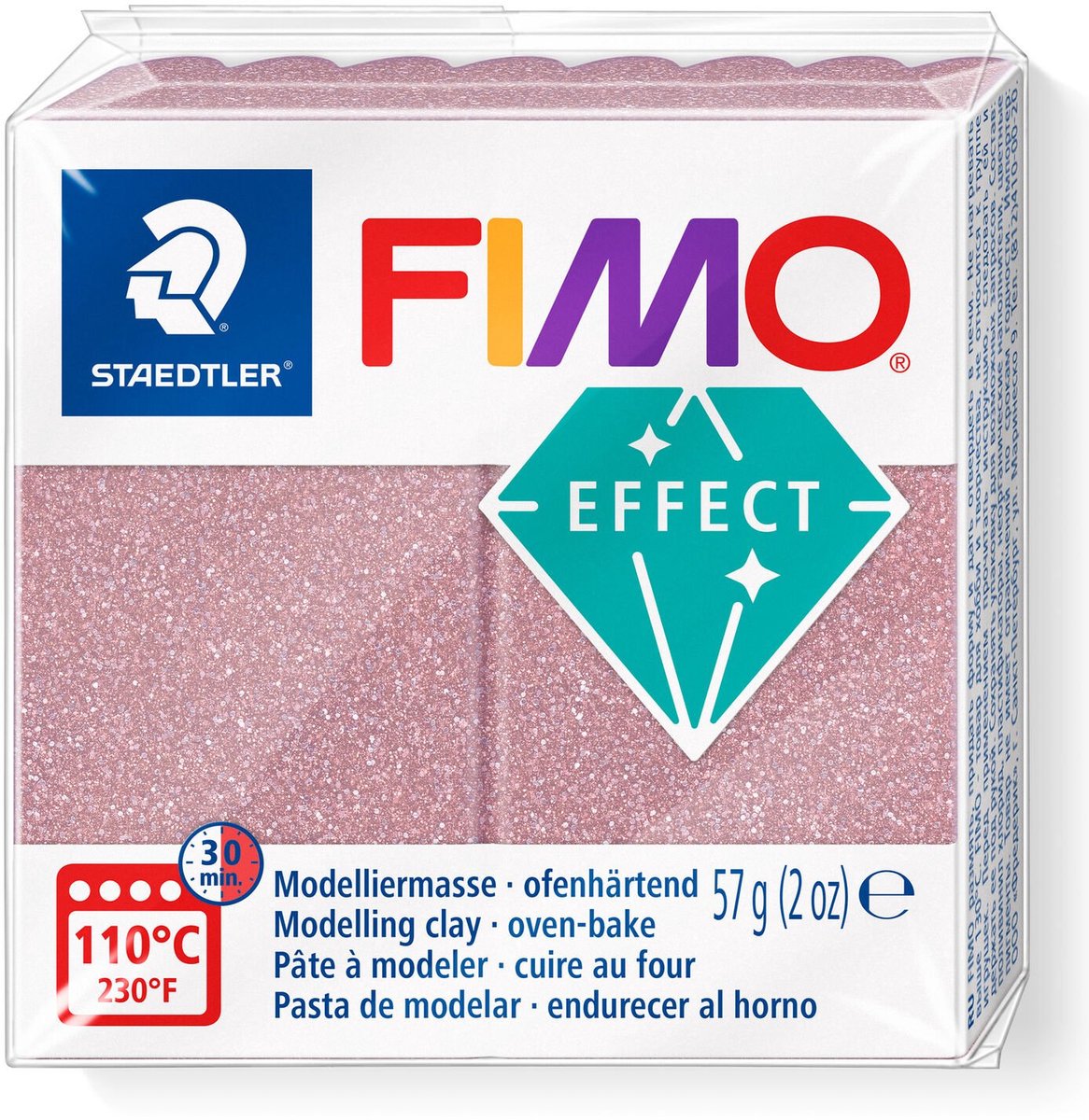 Pâte à modeler Fimo effet durcissant au four bloc standard 57 g - paillettes or rose