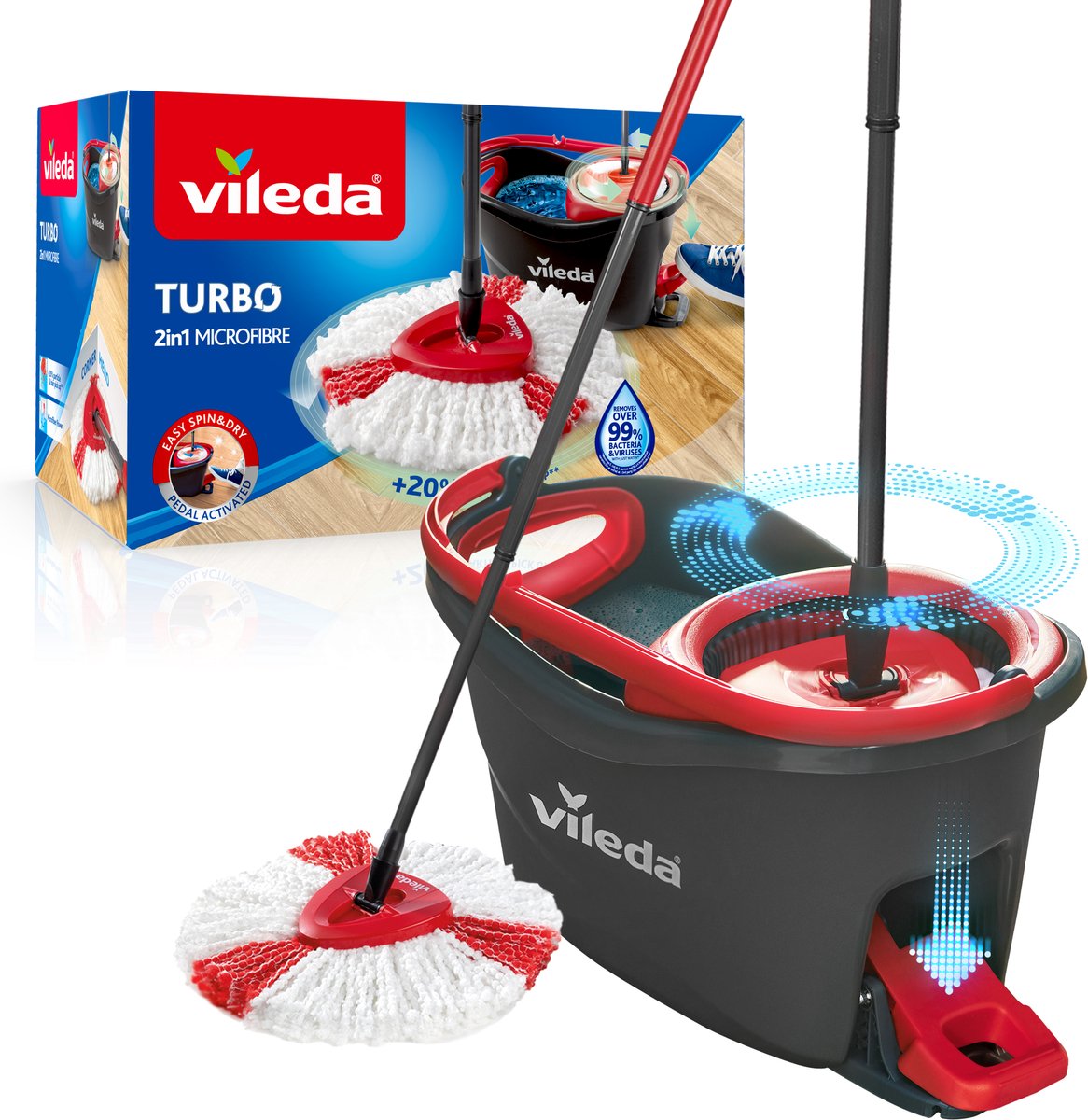 Vileda turbo 2in1 – set complet avec vadrouille et seau avec presse-pédale - vadrouille en microfibre 2en1