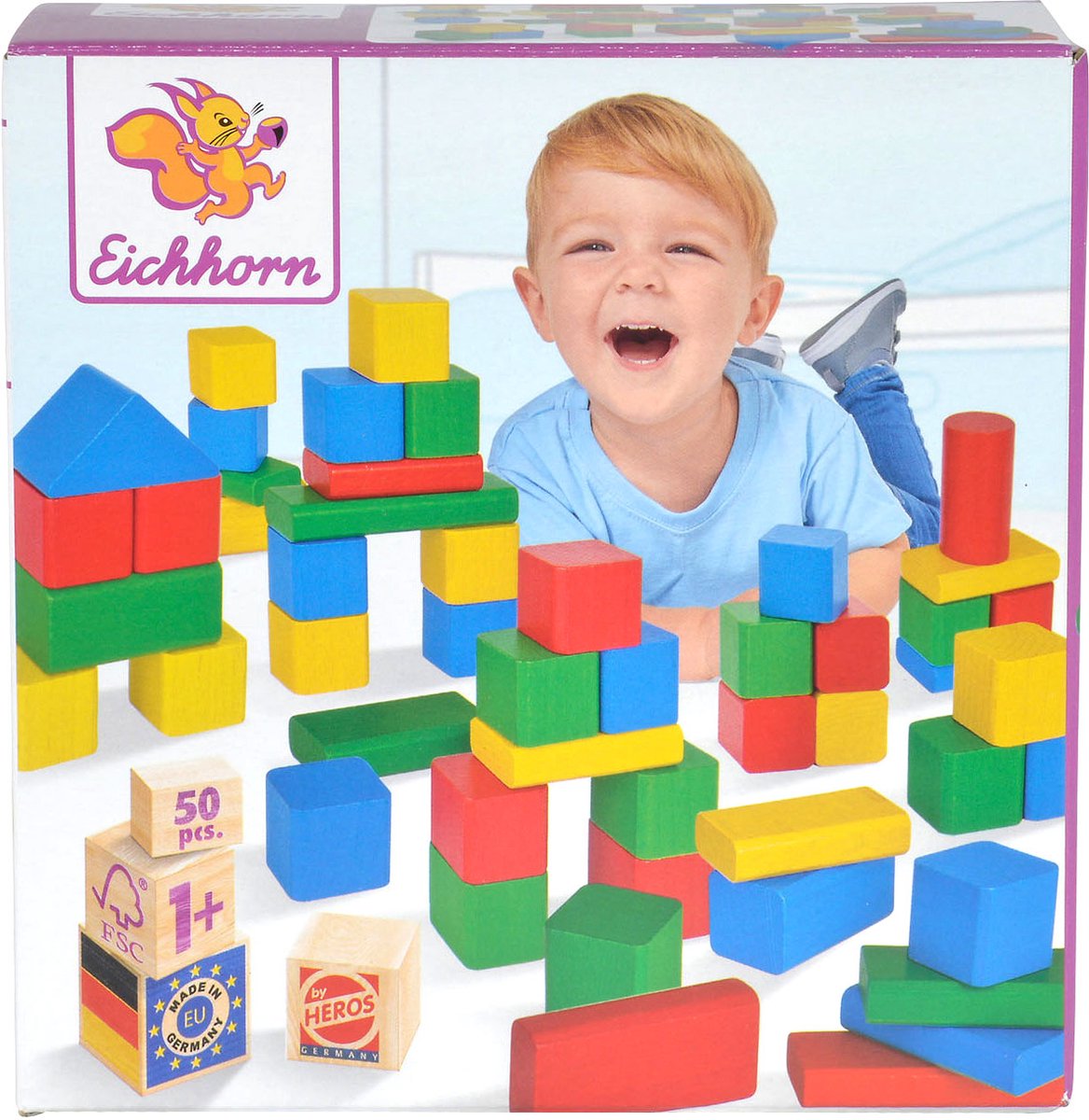 Blocs de bois colorés Eichhorn heros 50 pièces