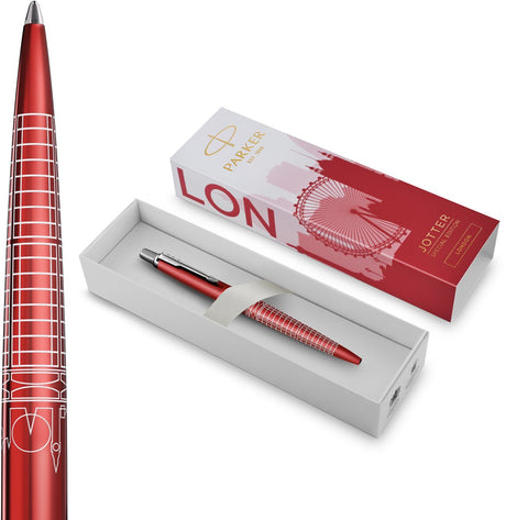 Stylo à bille Parker Jotter | édition spéciale | rouge Londres avec détails chromés | plume moyenne | encre bleue | emballage cadeau