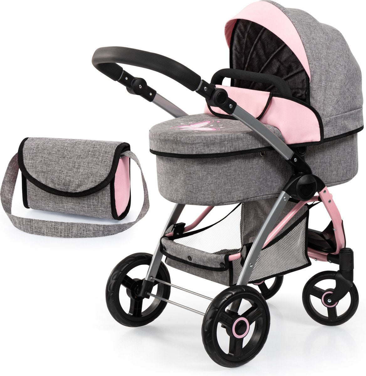 Bayer design city max poussette de poupée avec sac, réglable en hauteur, roues avant pivotantes, transformable en jogger, panier intégré, gris jeans, rose