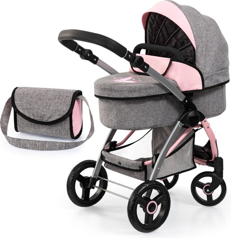 Bayer design city max poussette de poupée avec sac, réglable en hauteur, roues avant pivotantes, transformable en jogger, panier intégré, gris jeans, rose