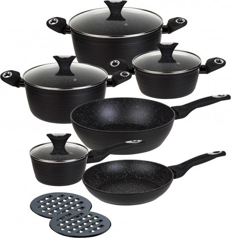 Set de poêles Klausberg 7244 - 12 pièces - revêtement céramique marbre - aluminium forgé - cool touch - compatible induction tous feux - noir