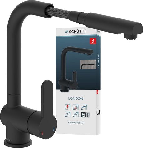 Robinet de cuisine design Schütte london pour chauffe-eau avec bec libre - basse pression - mitigeur - bec haut, orientable et extractible - poignée latérale - noir mat