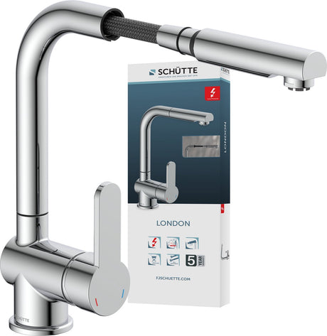 Robinet de cuisine design Schütte London pour chauffe-eau avec bec libre - basse pression - mitigeur - bec haut, orientable et extractible - poignée latérale - chrome