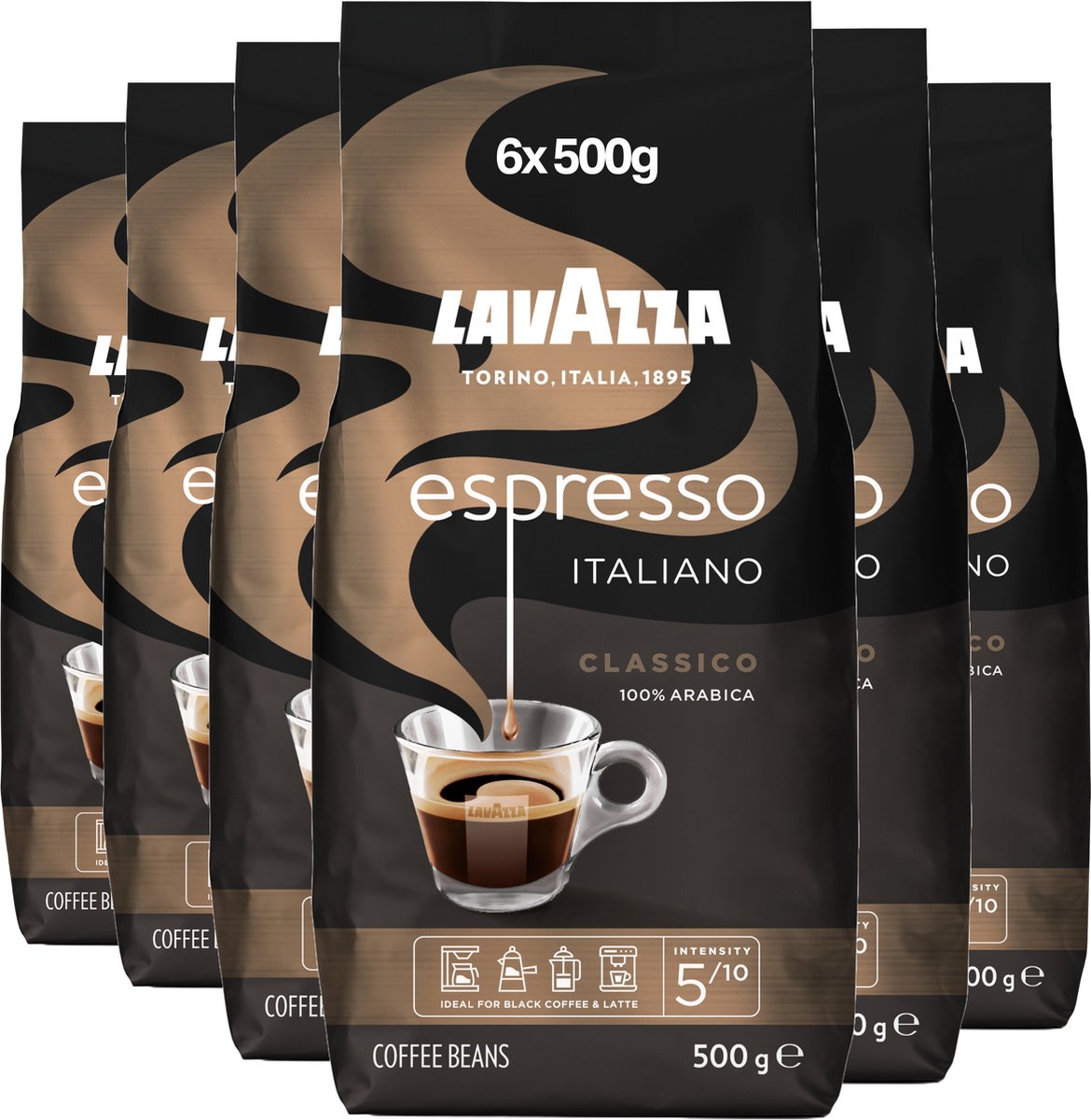 Café en grains Lavazza espresso Italiano Classico - grains de café 100% arabica - intensité 5 10 - 6 x 500 grammes
