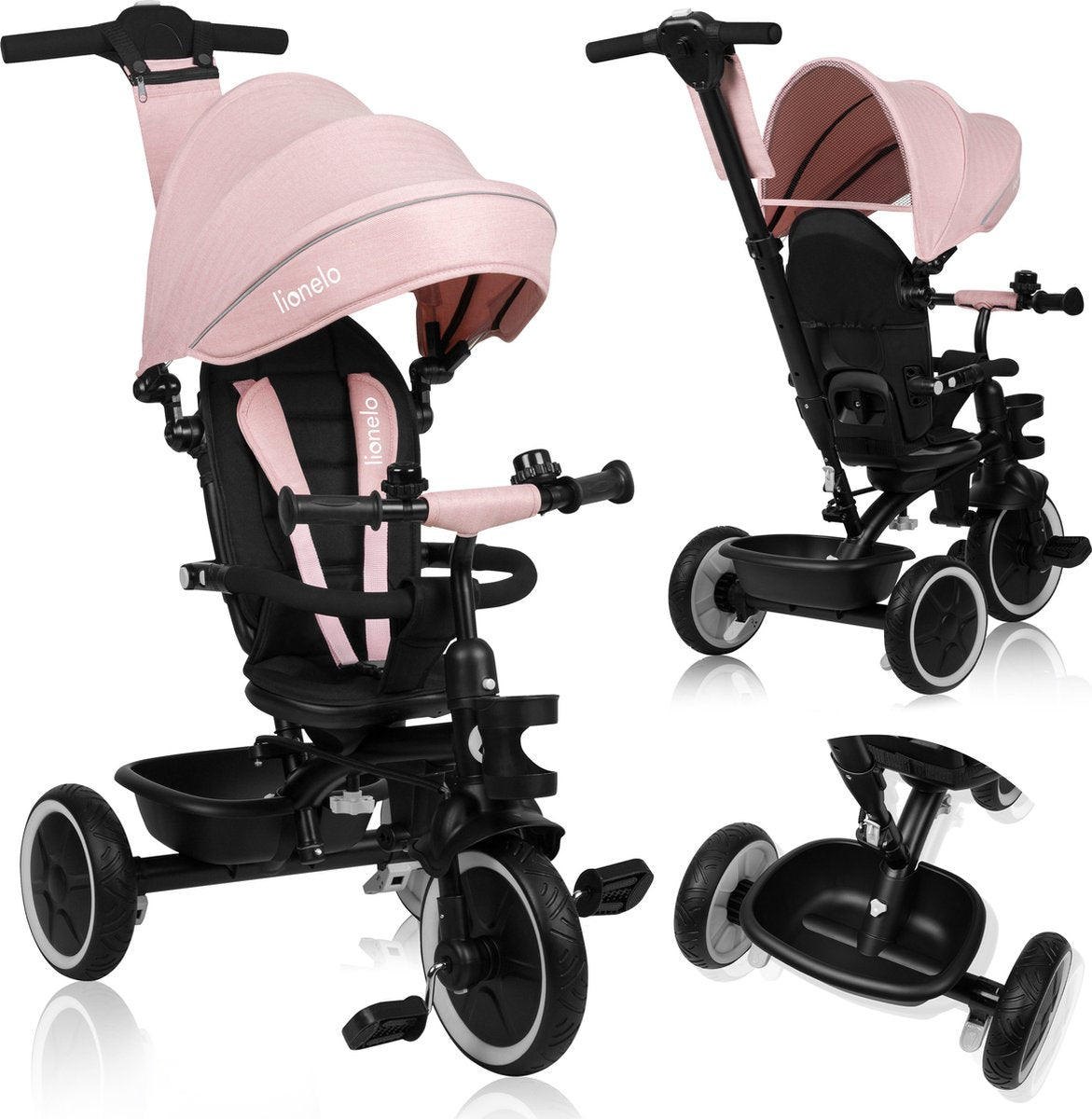 Tricycle Lionelo Berry 2en1 - jusqu'à 25 kg - siège rotatif à 360° - vélo poussette en un - roues en PU - roue libre - barre de poussée réglable - pare-soleil et pare-pluie - grandit avec l'enfant - peut être assemblé sans outils