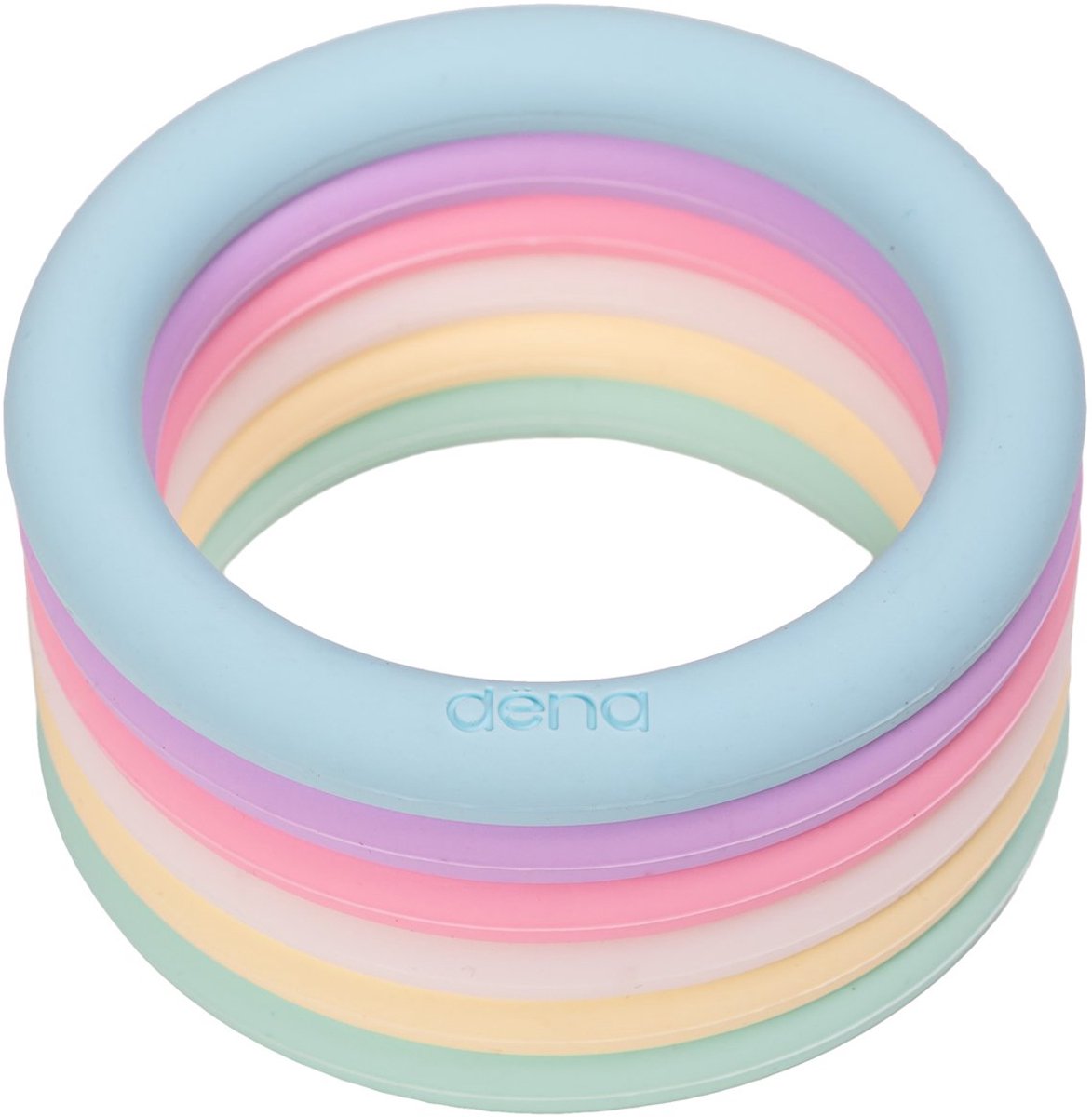 Jouets Dena - anneaux pastel, lot de 6 anneaux en plastique colorés.