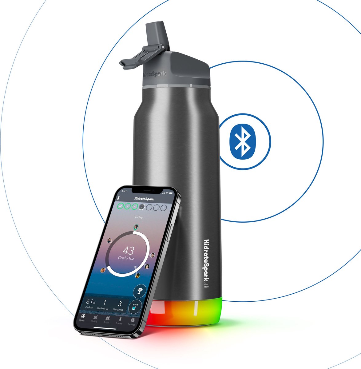 Bouteille d'eau intelligente Hidrate Spark Straw - acier inoxydable - 946 ml - éclairage LED - couleur argent