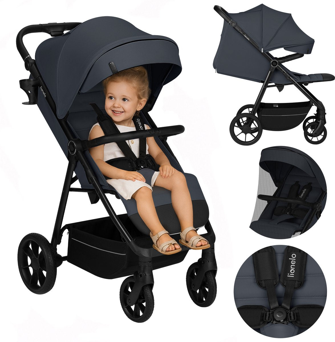 Lionelo Iva - poussette buggy premium - 6 mois 4 ans (jusqu'à 22 kg) - roues pivotantes à 360° avec suspension - ceinture magnétique - pare-soleil XXL UPF50 - dossier réglable, poignée de poussée repose-pieds - grand panier - terrain urbain - poussette