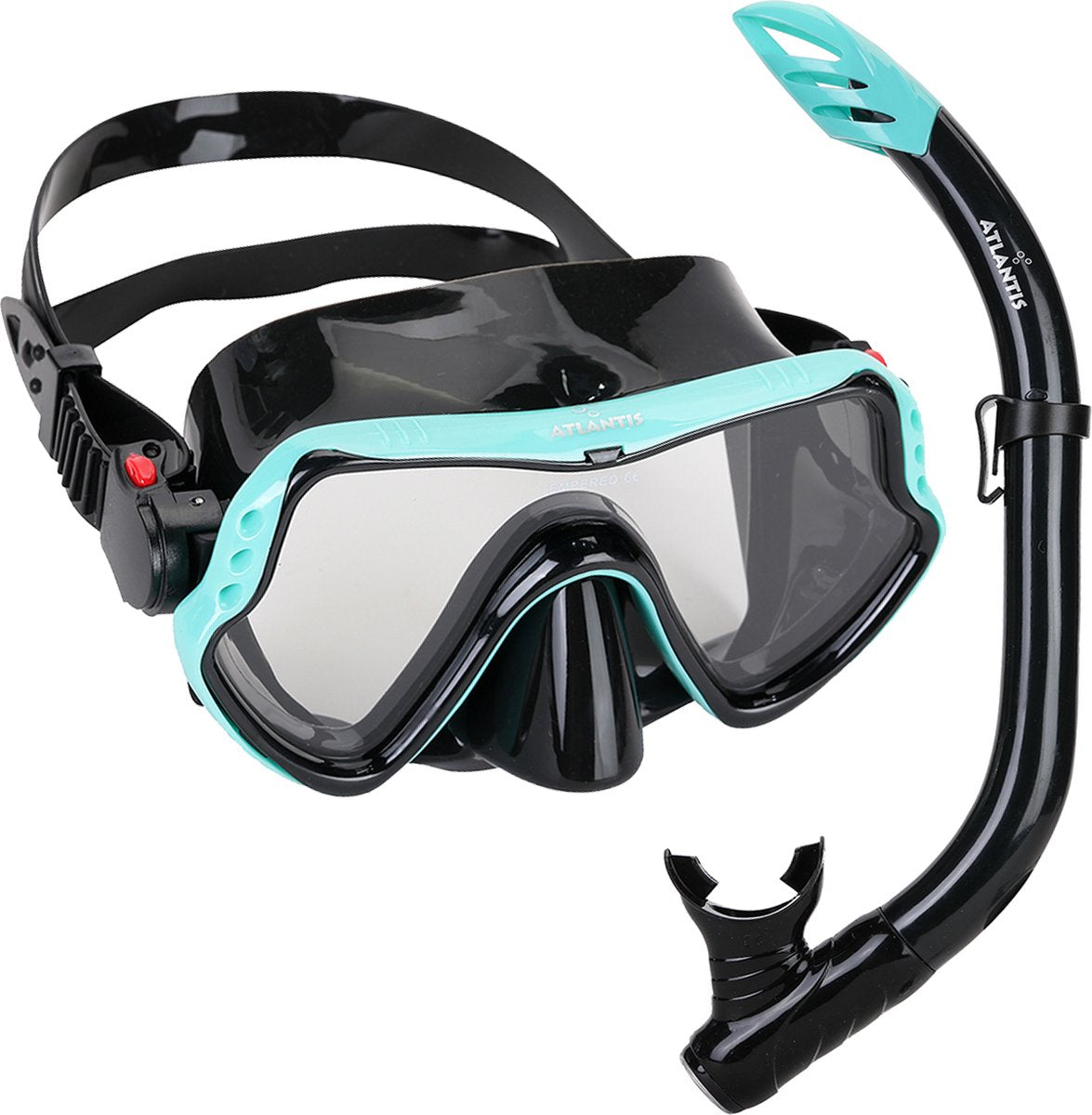 Atlantis samana pro combo - snorkelset - snorkel duikbril - versterkt glas - dry top - luxe bewaartas - volwassenen - zwart turquoise