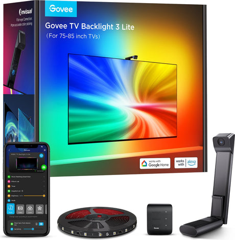 Govee TV Backlight 3 Lite 75-85 pouces - Bande LED TV - RGBICW - Contrôle par application - Alexa Google - Compatible Matter