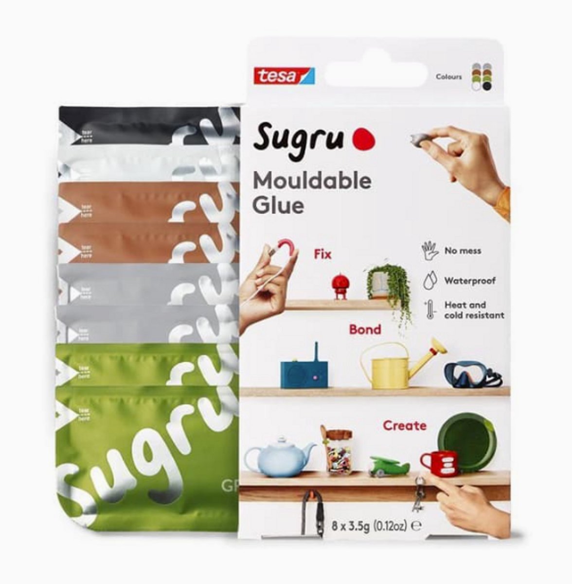 Tesa sugru – adhésif de réparation silicone pétrissable (paquet de 8, multicolore)