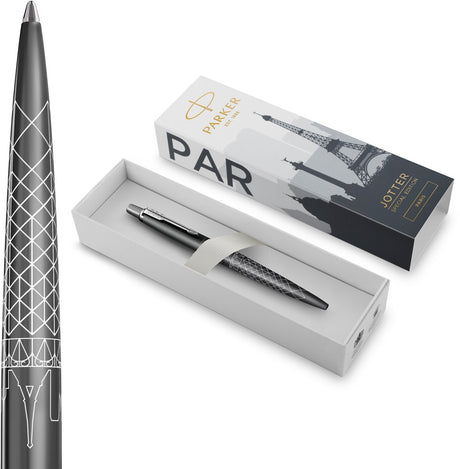 Stylo à bille Parker Jotter | édition spéciale | gris paris avec détails chromés | plume moyenne | encre bleue | emballage cadeau
