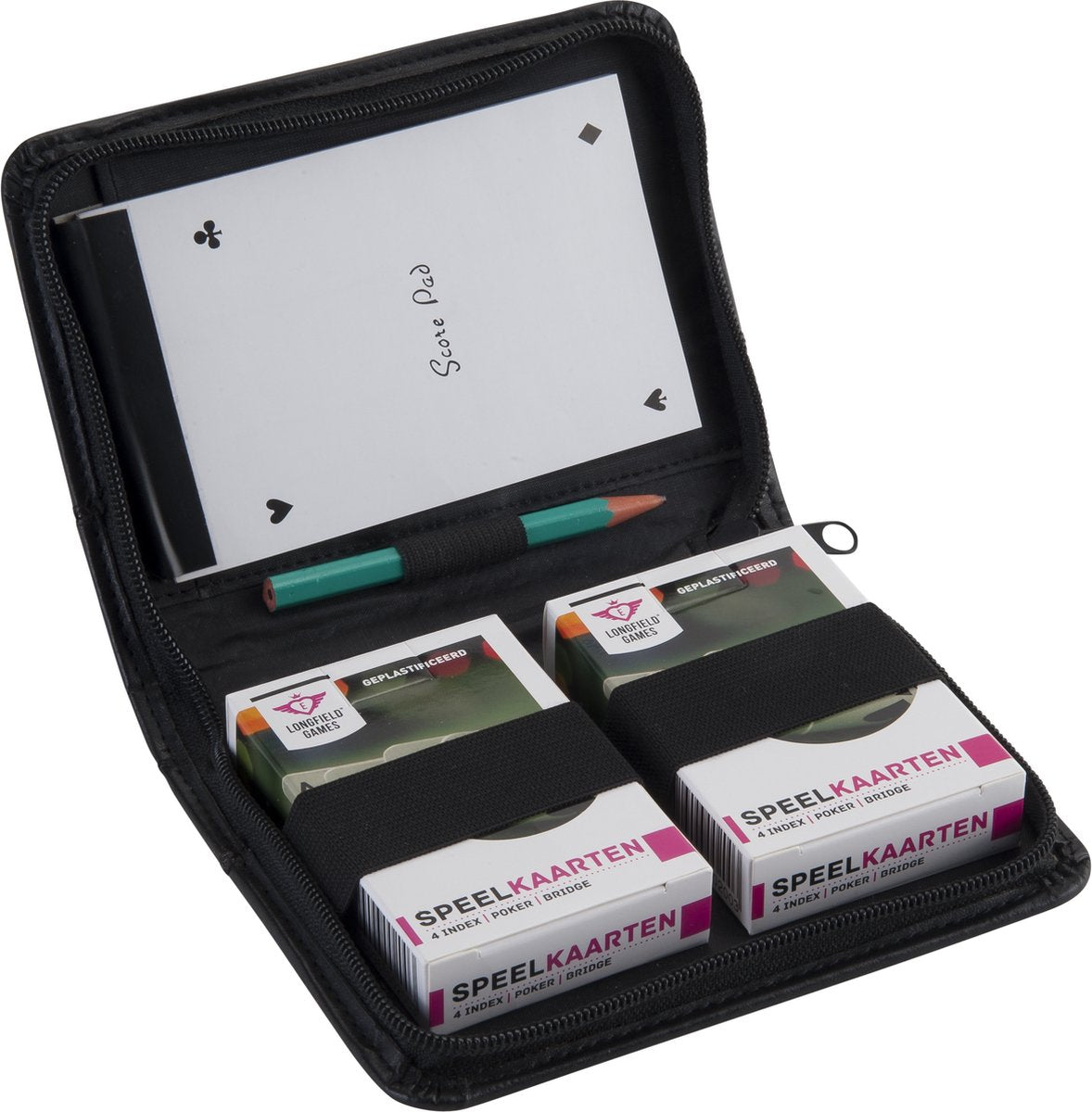 Trousse de luxe Engelhart - PU - 2 jeux de cartes à jouer - carnet et crayon - avec fermeture éclair -