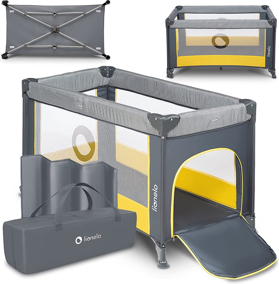 Lit de camping Lionelo 3 en 1 - lit bébé parc pliant lit de voyage - 60x120 cm - 0-36 mois jusqu'à 15 kg - avec matelas confort - entrée latérale avec fermeture éclair - roulettes - sac de transport - lit bébé stefi berceau bébé