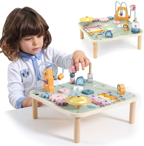 Table d'activités en bois Polarb bébé - table de jeu multifonctionnelle avec trieur de formes, piste de perles, engrenages et instruments de musique - jouets éducatifs à partir de 18 mois