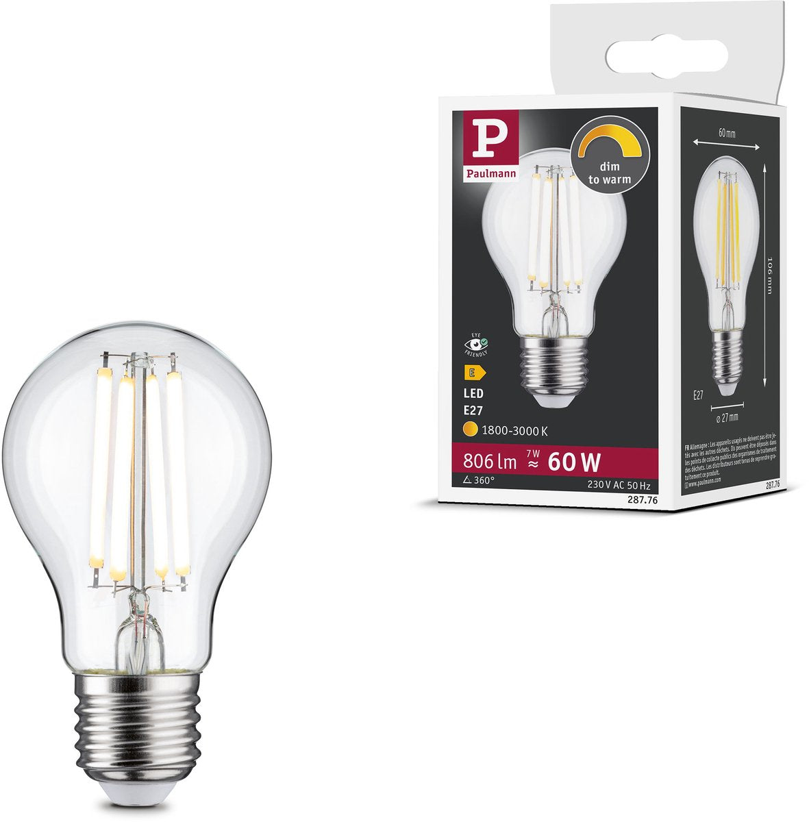 Ampoule LED à filament Paulmann 230 v E27 806lm 7W dim to warm dimmable claire