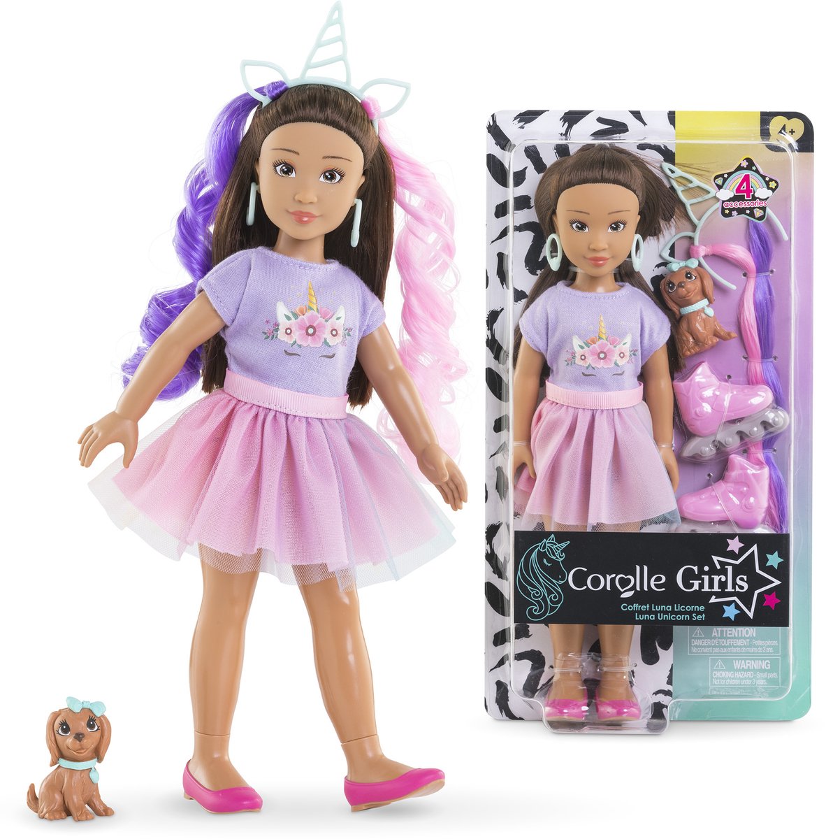 Poupée mannequin Corolle Luna licorne avec accessoires et chien - 28 cm.