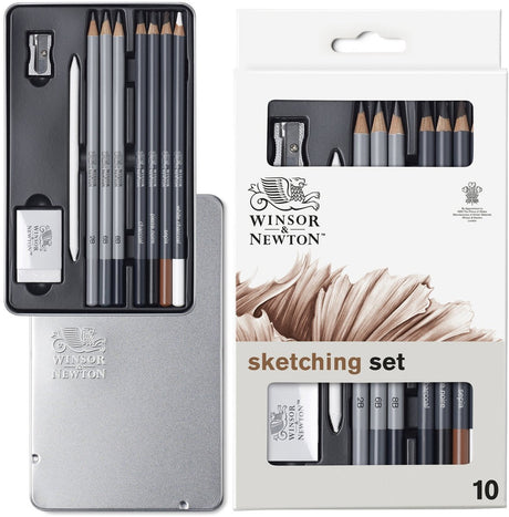 Winsor Newton 0490010 Studio Collection Crayons à charbon graphite Set 10 pièces – Crayons à croquis et à dessin avec accessoires