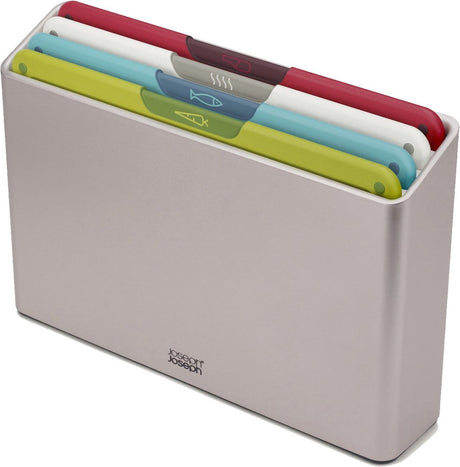 Joseph joseph folio™ ensemble de planches à découper 4 pièces - moyen - multicolore - code couleur - avec support de rangement - poignées en acier inoxydable