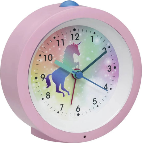 Tfa dostmann 60.1033.12 - réveil pour enfants - réveil - enfants - einhorn - licorne - analogique - train de roulement silencieux - trotteuse rampante - snooze - éclairage nocturne permanent doux - éclairage d'écran - plastique - rose - multicolore