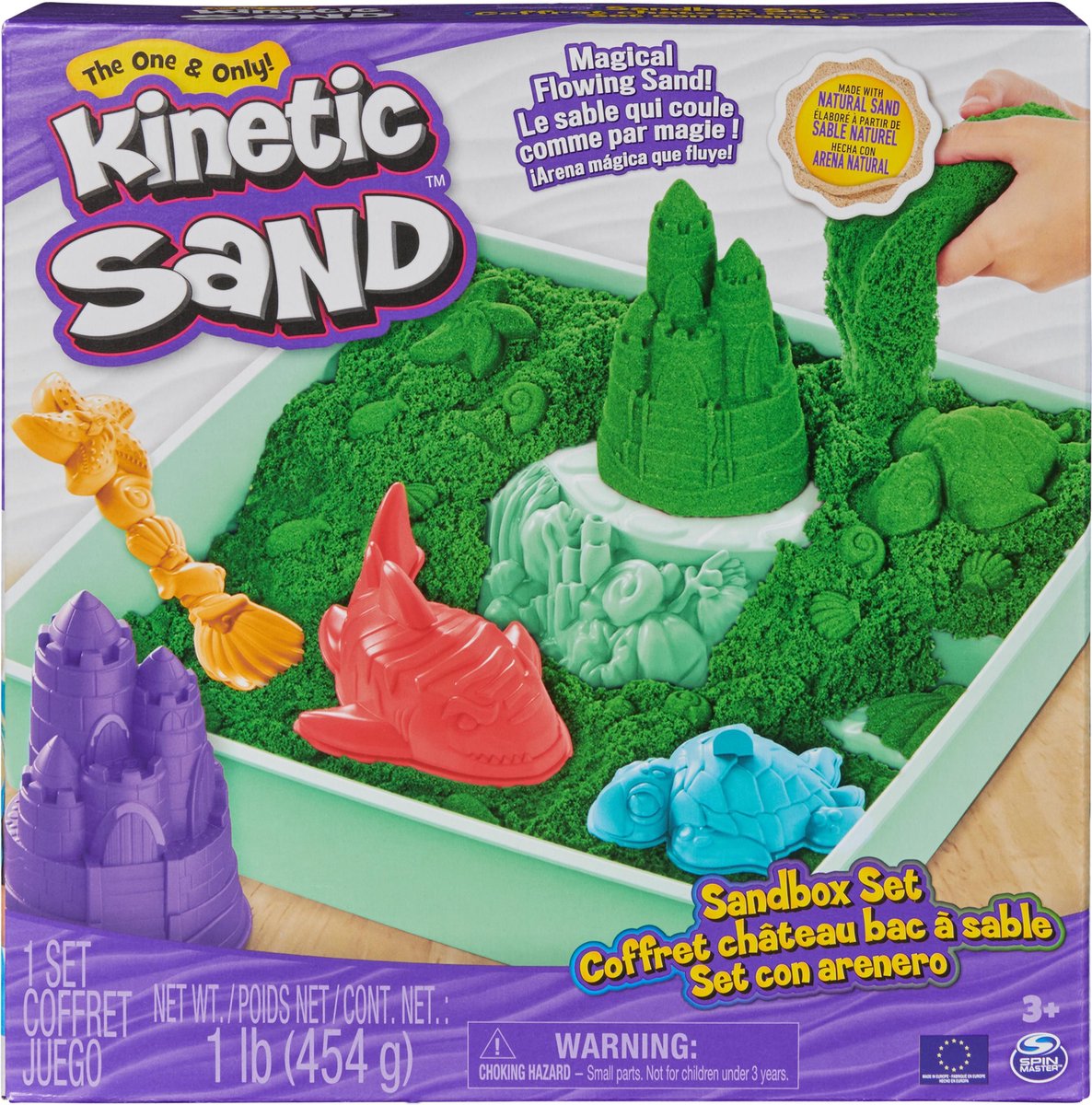 Sable cinétique - ensemble bac à sable avec bac à sable de rangement vert original de 454 g 4 formes et outils - jouets sensoriels