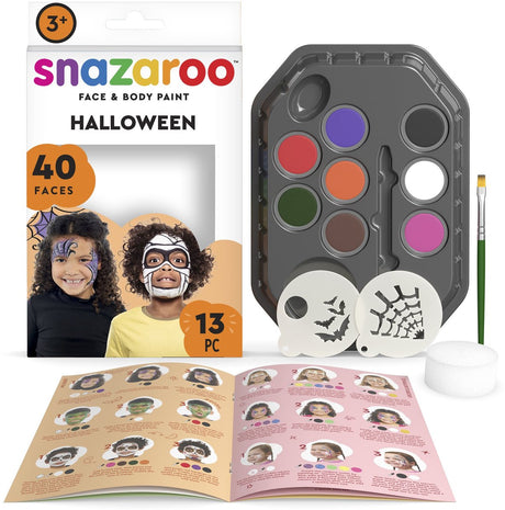 Snazaroo 1172184 Kit de maquillage aquatique pour personnages d'Halloween - Maquillage pour enfants - Kit de maquillage pour sorcière, squelette zombie - 13 pièces, hypoallergénique
